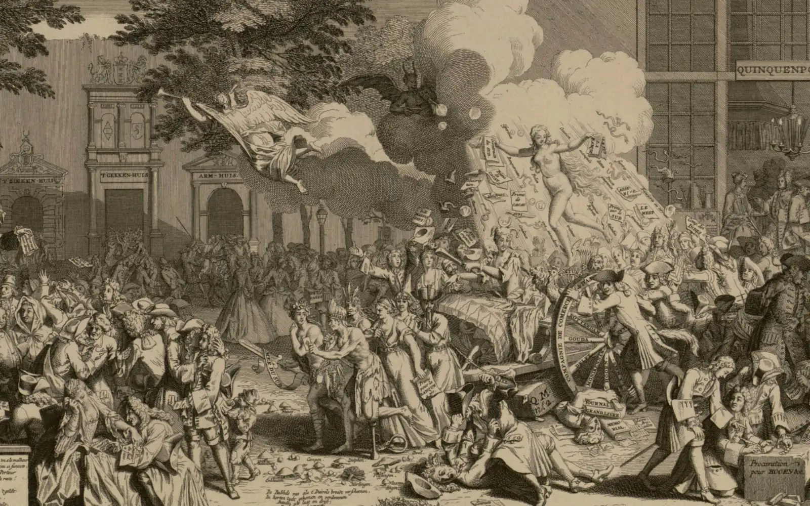 Estampe satirique de 1720 sur la faillite du système de Law. Rue Quincampoix, à Paris, une foule s'agite autour d'un char d'où pleuvent des papiers.